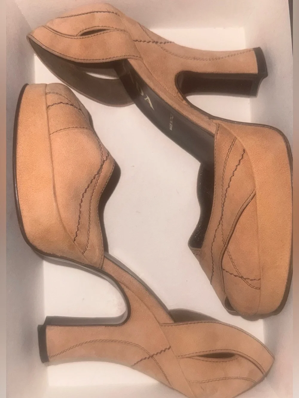 🆕 DS Prada Nude Suede Heels brown stitching peep toe size  37.5 Italy